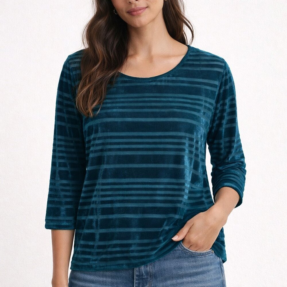Chico's Teal Blue Velvet & Burnout Stripe Pullover 3/4 Sleeve Top Blouse SZ XL 3